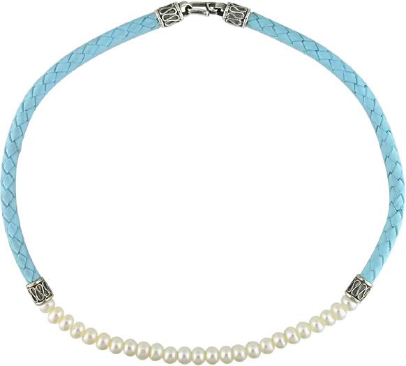 Sterling Silver Freshwater Pearl Leather Necklace (7-7.5 mm)