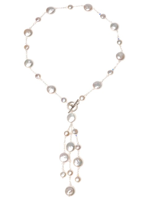 Sterling Silver Coin Pearl Crystal Lariat Necklace
