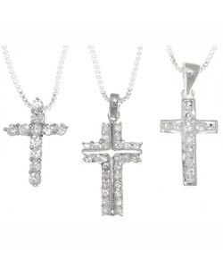 Sterling Silver Cubic Zirconia Cross Necklaces (Case of 3)