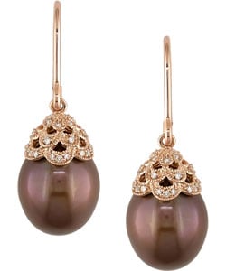 14k Pink Gold Brown FW Pearl 1/10ct Diamond Earrings