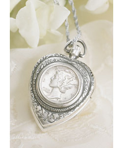 Silver Mercury Dime Heart Pendant with Watch
