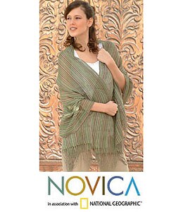 Alpaca Wool Shawl 'Moss Green Elegance' (Peru)