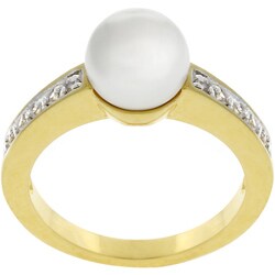 Goldtone White Faux Pearl CZ Promise Ring
