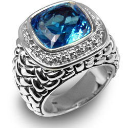 Scott Kay Silver Blue Topaz Diamond Weave Ring
