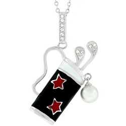 Silvertone Black Enamel Golf Bag CZ Necklace