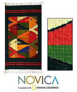 Mexican 'Fish Fiesta' Zapotec Wool Rug (2' x 3'3)