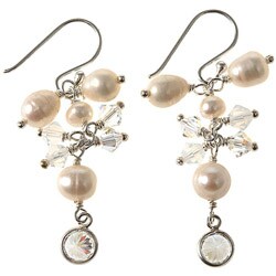 Sterling Silver FW Pearl, Crystal and CZ Earrings (5 mm)
