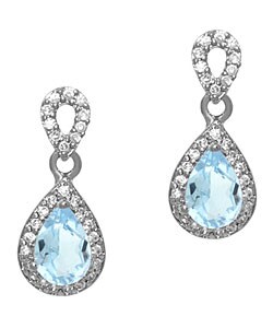 Sterling Silver Blue Topaz and CZ Teardrop Earrings