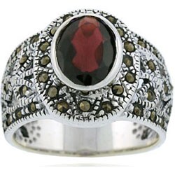 Sterling Silver Marcasite and Genuine Garnet Ring