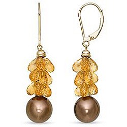 14k Gold Citrine and Tahitian Pearl Earrings (8-9 mm)