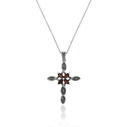 Sterling Silver Marcasite and Garnet Cross Necklace