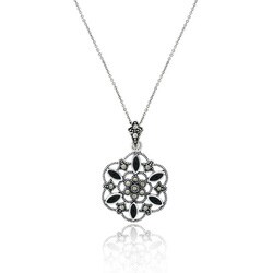 Sterling Silver Marcasite and Onyx Flower Necklace