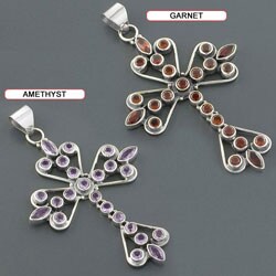 Garnet or Amethyst Silver Cross Pendant (India)