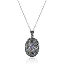 Sterling Silver Marcasite and Amethyst Oval Locket