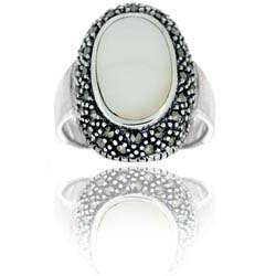 Sterling Silver Oval Mother of Pearl and Marcasite Ring
