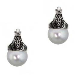 Sterling Silver Marcasite and Grey Faux Pearl Earrings