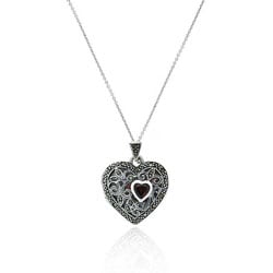 Sterling Silver Marcasite/ Garnet Heart Locket Necklace