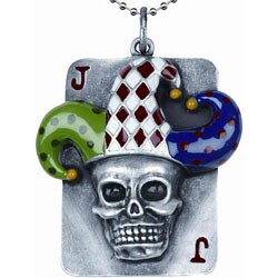Pewter Joker Skull Dog Tag Pendant Necklace
