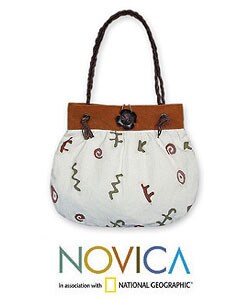 'Glyphs' Cotton/ Leather Handbag (Thailand)