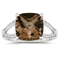 10k White Gold Smokey Quartz and Diamond Ring