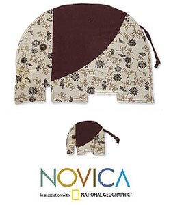 Cotton 'Chocolate Elephants' Placemat and Coaster Set (Thailand)