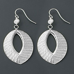 Hammered Silver Almond Cubic Zirconia Earrings (China)