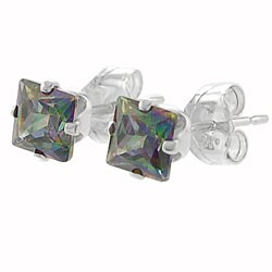 Sterling Silver 4-mm Mystic CZ Square Earrings