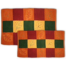 Leaf Checkerboard 2-piece Cotton Jacquard Rug Set 