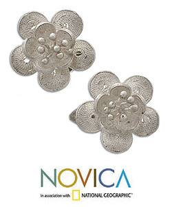 Sterling Silver 'Wild Rose' Clip-on Earrings (Indonesia)