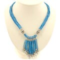 Blue Serpentine, Silver Bead and White Pearl Necklace