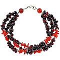 Three Strand Garnet, Red Coral, Carnelian and Silver Bracelet