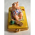 Limoges Hand-painted Pig on a Blanket Keepsake Box