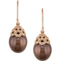14k Pink Gold Brown FW Pearl 1/10ct Diamond Earrings