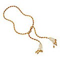 14k Gold Amber and FW Pearl Tasseled Necklace (4 mm)