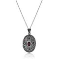 Sterling Silver Marcasite and Garnet Oval Locket Necklace