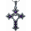 Pewter Purple Crystal Heart Cutout Cross Necklace