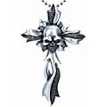 Pewter Skull and Flower Cross Pendant Necklace