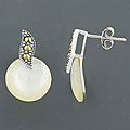 Silver 'Silent Moon' Mother of Pearl Marcasite Earrings (China)