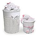 White Hamper and Wastebasket Set with Plush Animal