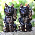 Pair of Wood Batik 'Lucky Cats' Statuettes (Indonesia)