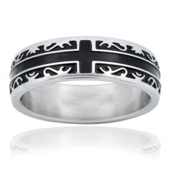 Stainless Steel Women's Black Inlay Tribal Cross Ring (6 mm)