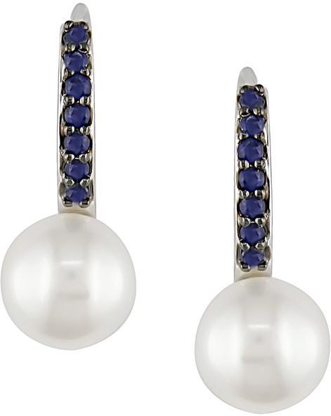 14k White Gold Sapphire Cultured Pearl Earrings (8-9 mm)