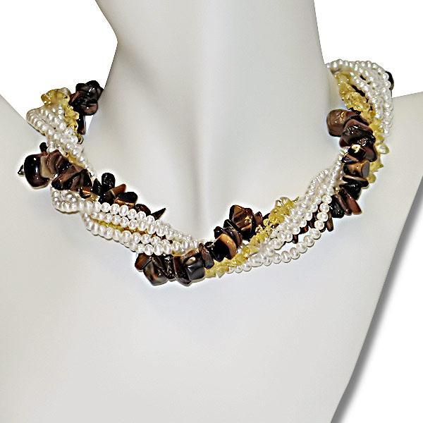 Six-strand FW Pearl and Citrine Twisted Necklace (3-4 mm)