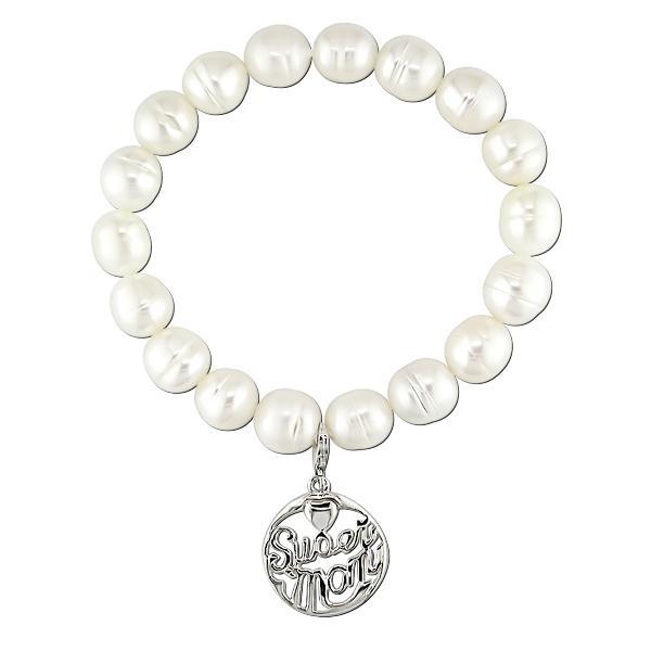Freshwater Pearl 'Mom' Charm Elastic Bracelet (8-9 mm)