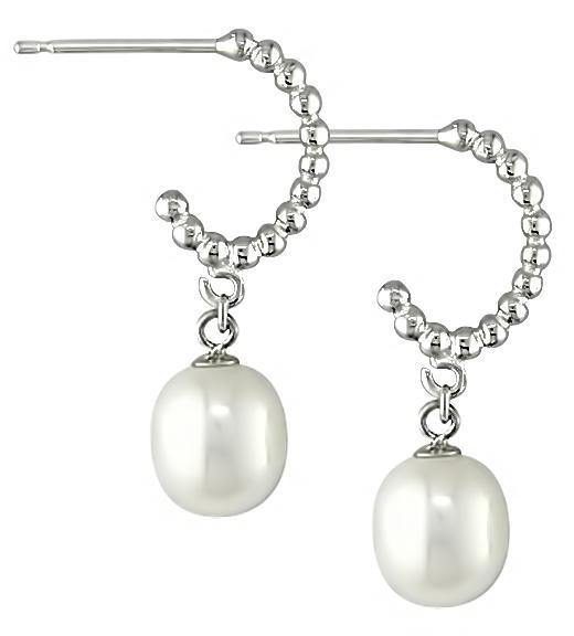 14k Gold FW Rice Pearl Semi-hoop Drop Earrings (7-7.5 mm)
