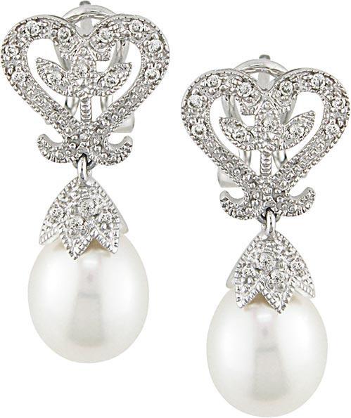 10k Gold 1/10ct TDW Diamond and FW Pearl Earrings (8-8.5 mm)