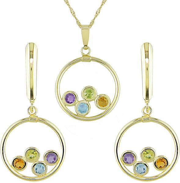 14k Gold Multi-gemstone Earrings and Necklace Set