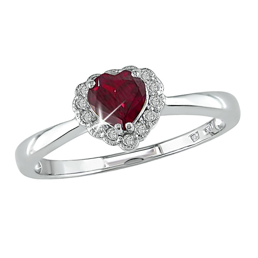 10k White Gold Created Ruby and Diamond Heart Ring