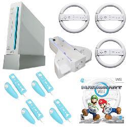 Nintendo Wii Family Bundle- Mario Cart, 3 Steering Wheels, Silicone Cases, Stand and More