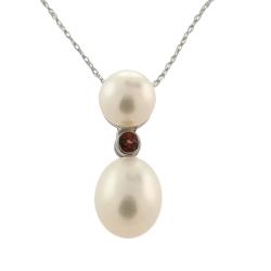 14k White Gold White Freshwater Pearl and Garnet Necklace (7-9 mm)